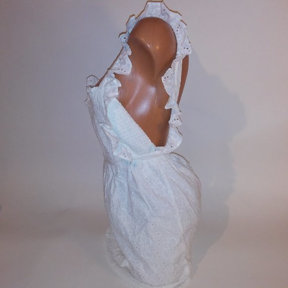 Lulus Dress XS White Eyelet Ruffle Zip Up Smocked Front Adjustable Straps Length - Picture 8 of 13